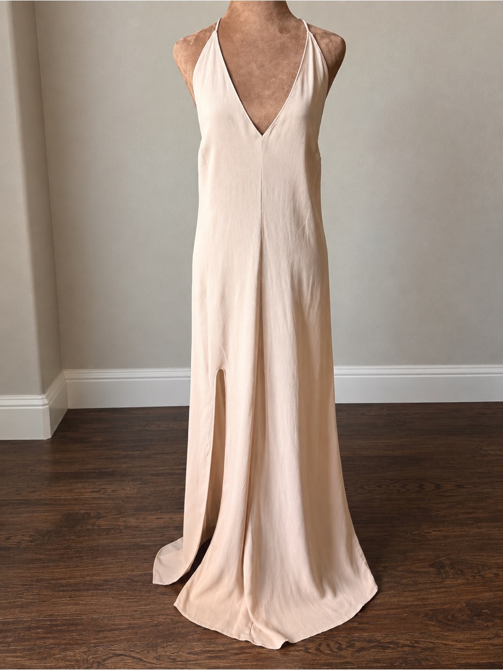 Reformation Nude Peach Crepe Slip Gown Maxi Dress Spaghetti Strap Slit Halter